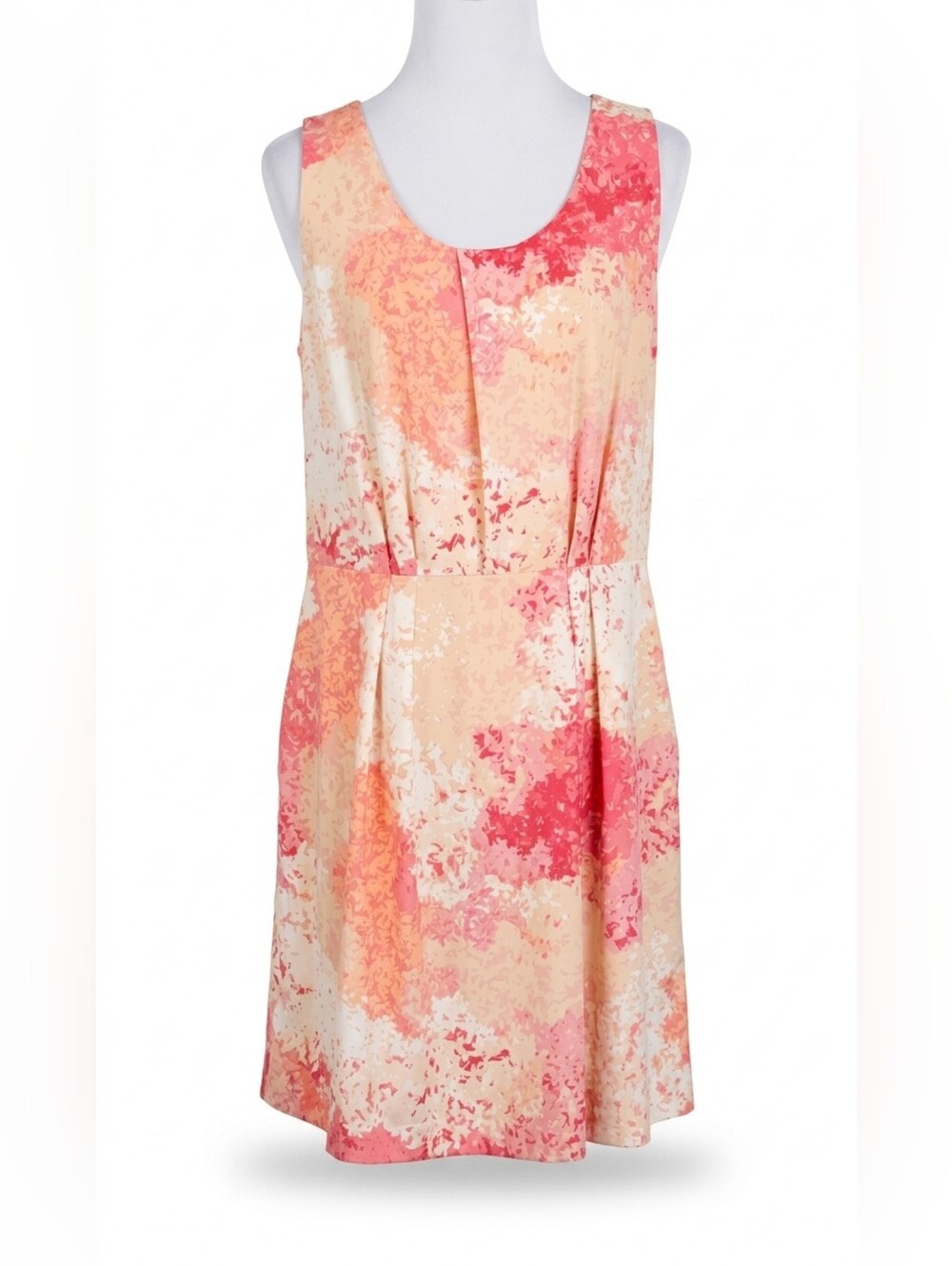 LOFT Abstract Watercolor Pleated Dress Pink Orange Cream Sleeveless NWT Size 8